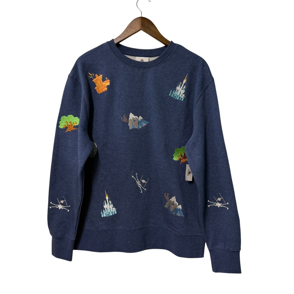 NWOT Disney Parks Sweatshirt Womens M Blue Embroidered Theme Park Icons Pullover